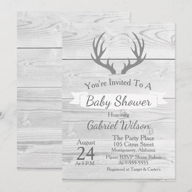 Rustikale Weißer Barn-Grauholz-Antler Einladung (Vorne/Hinten)