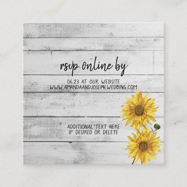 Rustikale Weißholz-Sonnenblumen-Hochzeitskarte RSV Begleitkarte (Vorderseite)