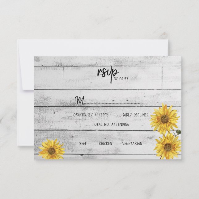 Rustikale Weißholz-Sonnenblumen-Hochzeitskarte RSV RSVP Karte (Vorderseite)