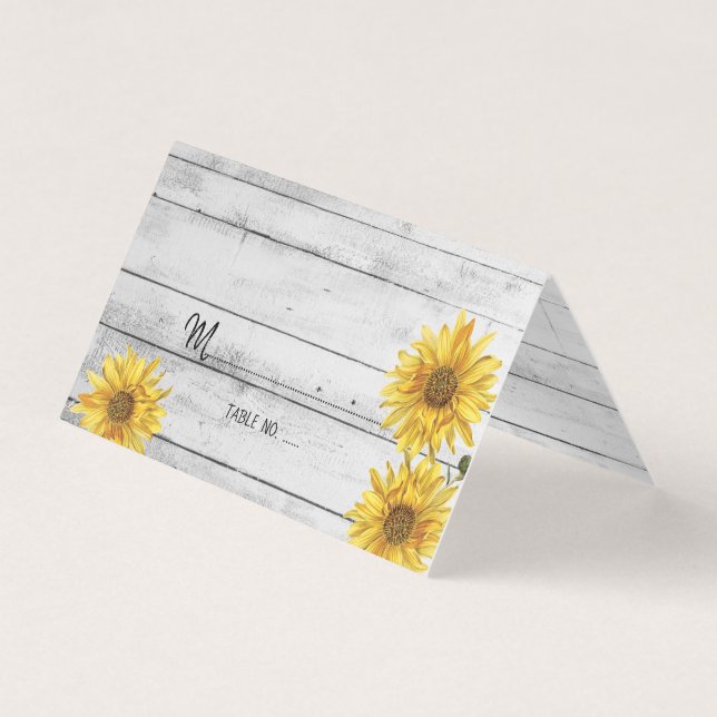 Rustikale Weißholz Sonnenblumen Hochzeitstisch Nr. Visitenkarten (Vorderseite)