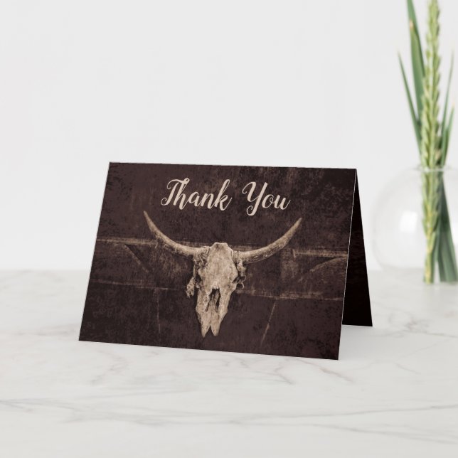 Rustikale Western Country Brown Bull Skull Hochzei Dankeskarte (Vorderseite)