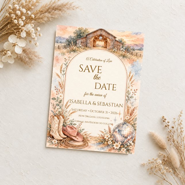 Rustikale Western-Disco-Hochzeit Save The Date (Von Creator hochgeladen)