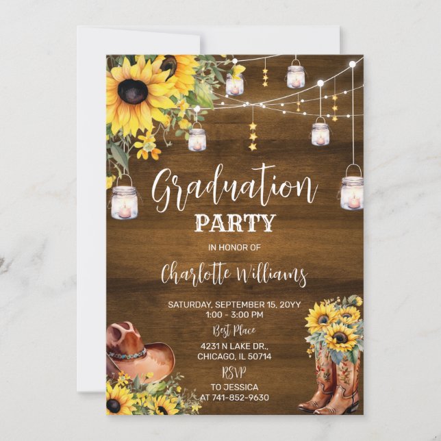 Rustikale Western Graduation Party Sonnenblumen Einladung (Vorderseite)