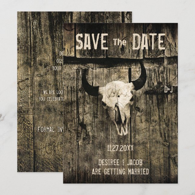 Rustikale Western-Hochzeit Kuhschädel Save-the-Dat Save The Date (Vorne/Hinten)