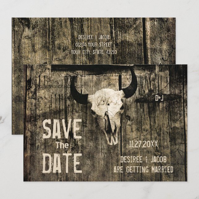 Rustikale Western-Kuh-Schädel-Hochzeit Save-the-Da Save The Date (Vorne/Hinten)
