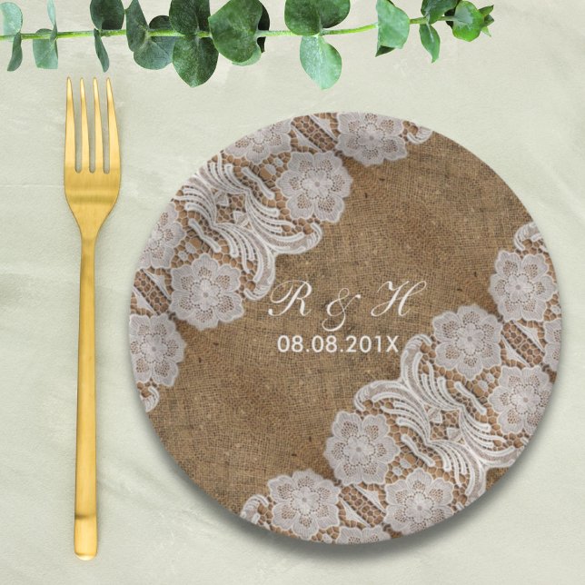 rustikale Western Land Hochzeit und Spitze Pappteller (rustic western country wedding burlap and lace paper plates)