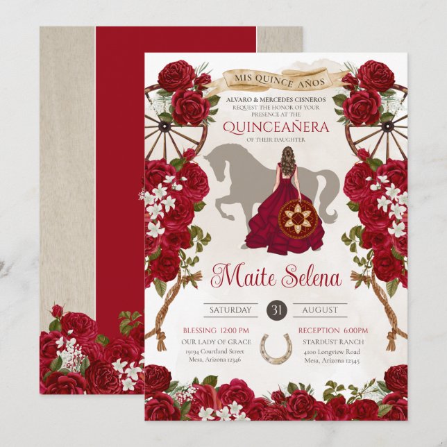 Rustikale Western Rote Rosen Floral Charro Quincea Einladung (Vorne/Hinten)
