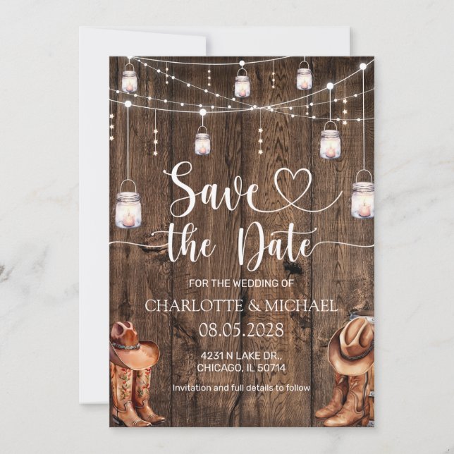 Rustikale Western-Save-the-Date-Hochzeit Einladung (Vorderseite)