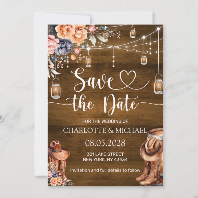 Rustikale Western Save-the-Date-Hochzeit Einladung (Vorderseite)