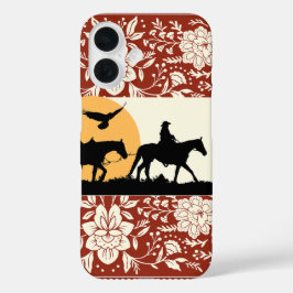 Rustikale westliche Cowboy-Pferd-Blumen-Volkskunst iPhone 16 Hülle