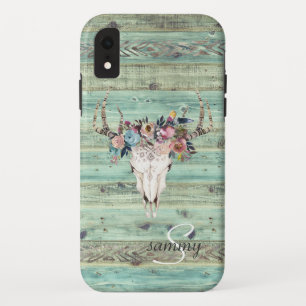 Rustikale westliche Türkis-Holzhirsch-Schädel-Mono Case-Mate iPhone Hülle
