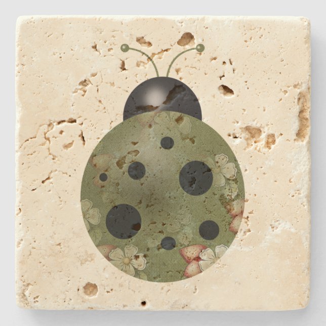 Rustikale Whimsistische Grüne Flora Ladybug Steinuntersetzer (Vorderseite)
