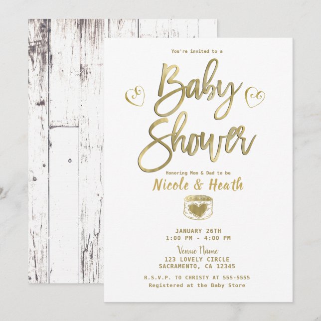 Rustikale White Barn Wood Chic Gold Baby Dusche Einladung (Vorne/Hinten)