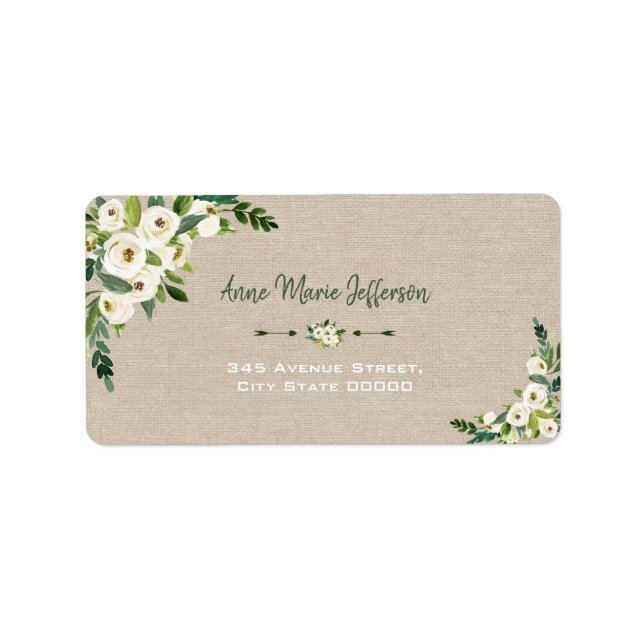 Rustikale White Floral Burlap Handwriting-Hochzeit Adressaufkleber (Vorne)