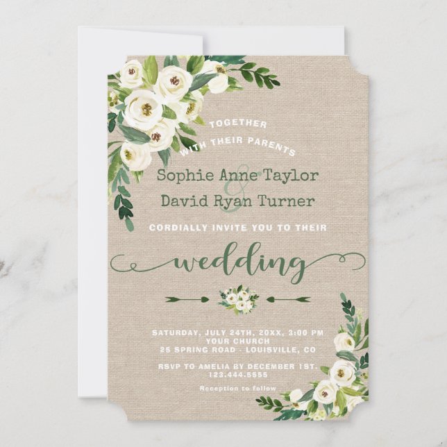 Rustikale White Floral Burlap Handwriting-Hochzeit Einladung (Vorderseite)