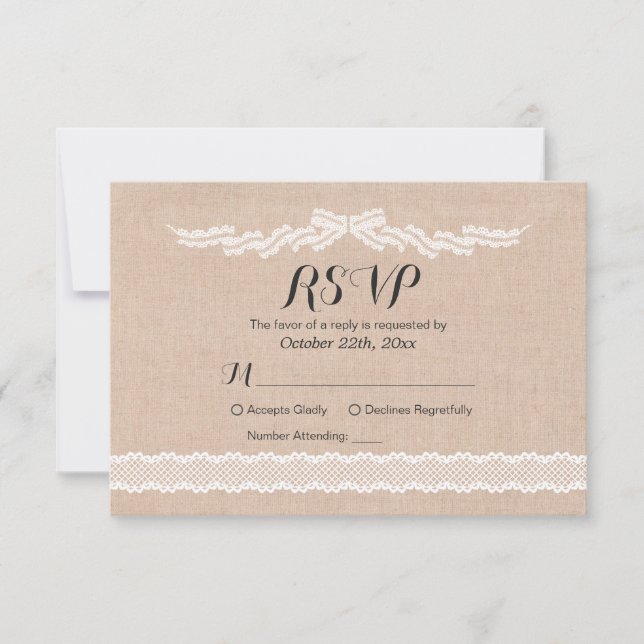 Rustikale White Lace Linen Wedding RSVP Replik Car Karte (Vorderseite)