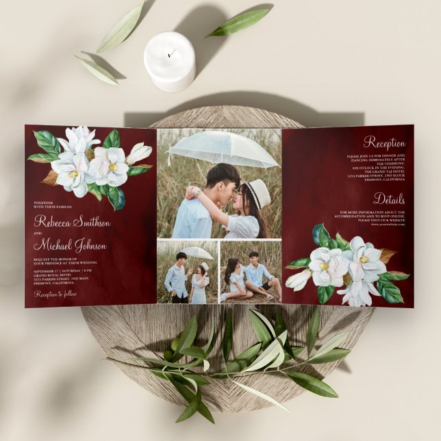 Rustikale White Magnolia Blumenzeremonie Burgund H Dreifach Gefaltete Einladung (Von Creator hochgeladen)