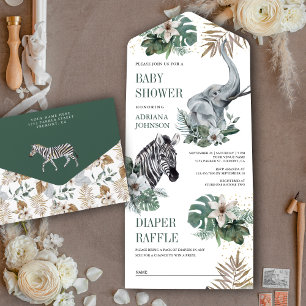 Rustikale Wild Safari-Zebra- und Elefanten-Baby-Pa All In One Einladung