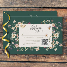 Rustikale Wildblume als Smaragdgrün-QR-Code RSVP Karte