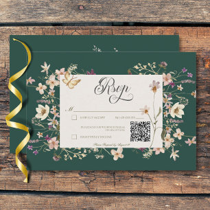 Rustikale Wildblume als Smaragdgrün-QR-Code RSVP Karte