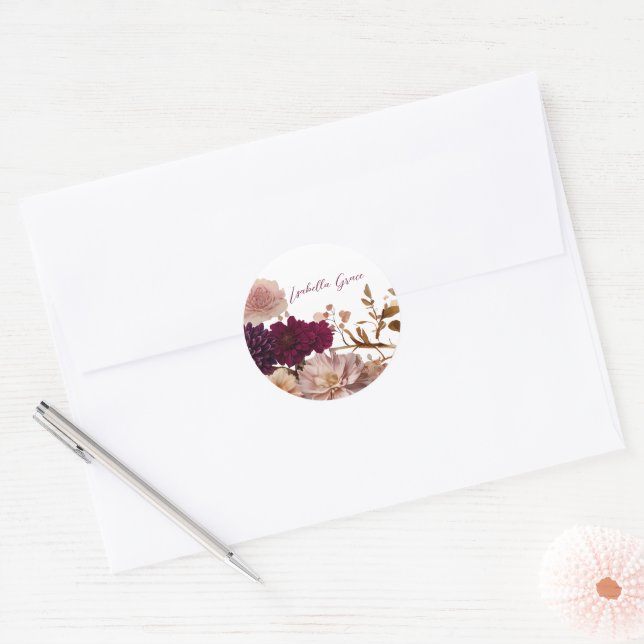 Rustikale Wildblume Blush & Burgund Round Bridal Runder Aufkleber (Umschlag)