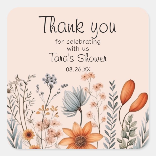 Rustikale Wildblume Boho in Orangen und Grauen Quadratischer Aufkleber (Vorderseite)