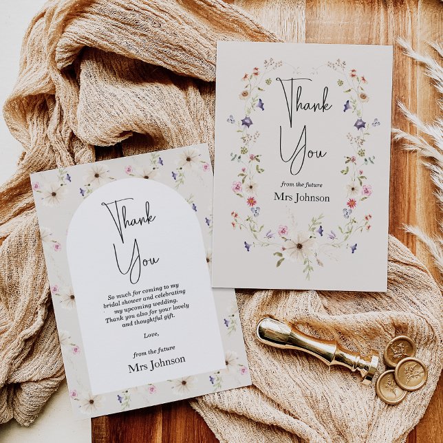 Rustikale Wildblume Brautparty Danke Karte (Wildflowers Bridal Shower Thank You Card, Future Mrs Bridal Shower Card, Beige, wildflowers Wreath)