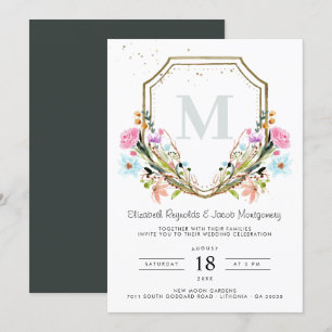 Rustikale Wildblume Elegantes Gold Wappen Hochzeit Einladung