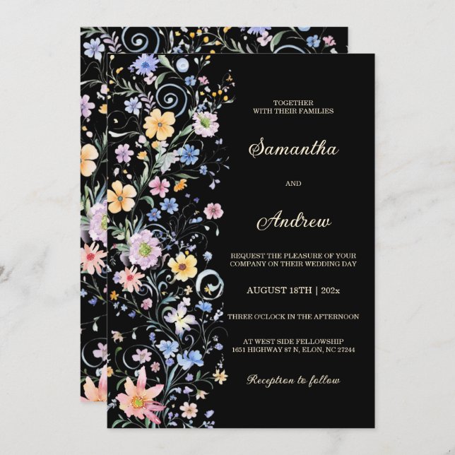 Rustikale Wildblume Hochzeitschwarz Einladung (Vorne/Hinten)