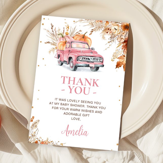 Rustikale Wildblume Pink Pumpkin Truck Kinderdusch Dankeskarte (Editable Pumpkin Truck Baby Shower Thank You Card Fall Harvest Pink Truck Baby Shower Girl Thank You)