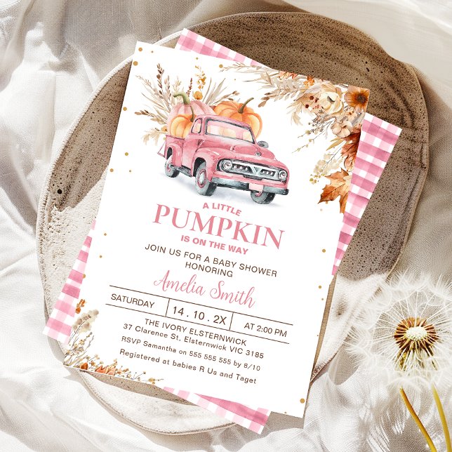 Rustikale Wildblume Pink Pumpkin Truck Kinderdusch Einladung (Editable Girls Pumpkin Truck Baby Shower Invitation Fall Harvest Pink Truck Autumn Baby Shower Girl)