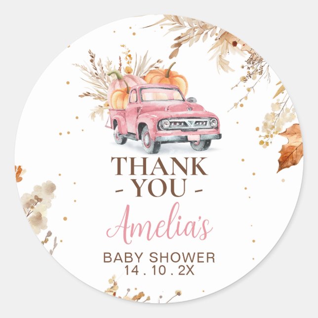 Rustikale Wildblume Pink Pumpkin Truck Kinderdusch Runder Aufkleber (Vorderseite)
