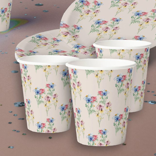 Rustikale Wildblume Poppy Daisy Coneflower Muster Pappbecher (Floral patterned paper cups from my Wildflower Charm Bridal Shower Collection)