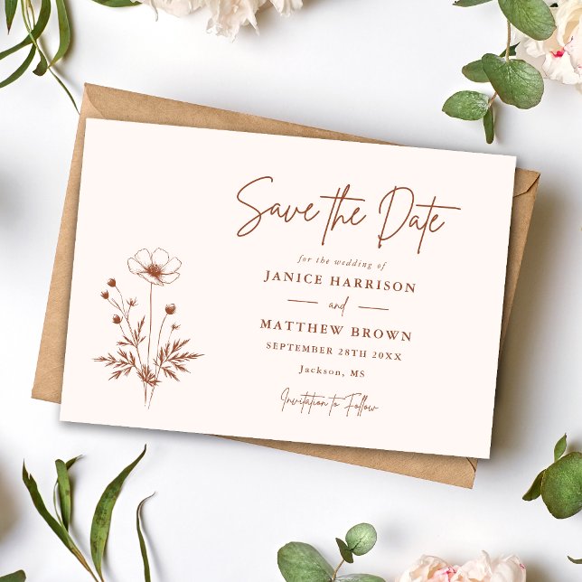 Rustikale Wildblume Terracotta Boho Foto Wedding Save The Date (Rustic terracotta wildflower photo save the date adds boho charm and showcases your love.)