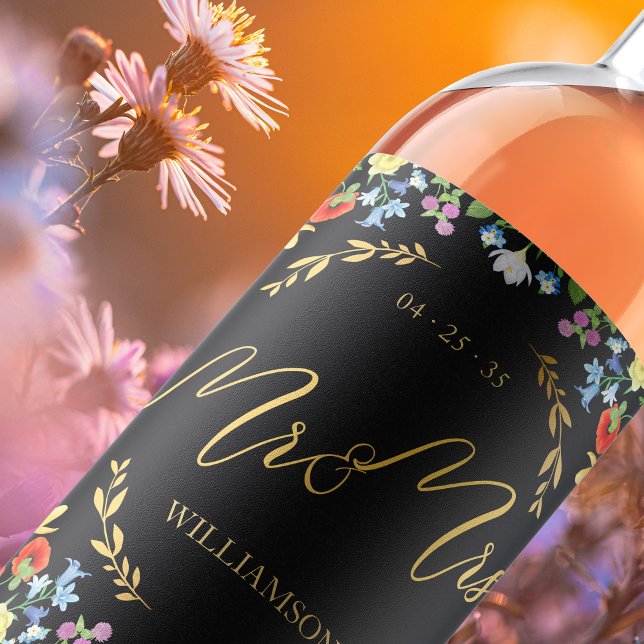 Rustikale Wildblume Weinetikett (Rustic Wildflower Mr and Mrs Wedding Party Floral Wine Label)