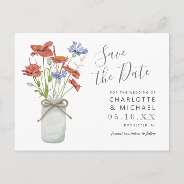 rustikale Wildblumen Ball Jar Save the Date Postka Postkarte (Vorderseite)