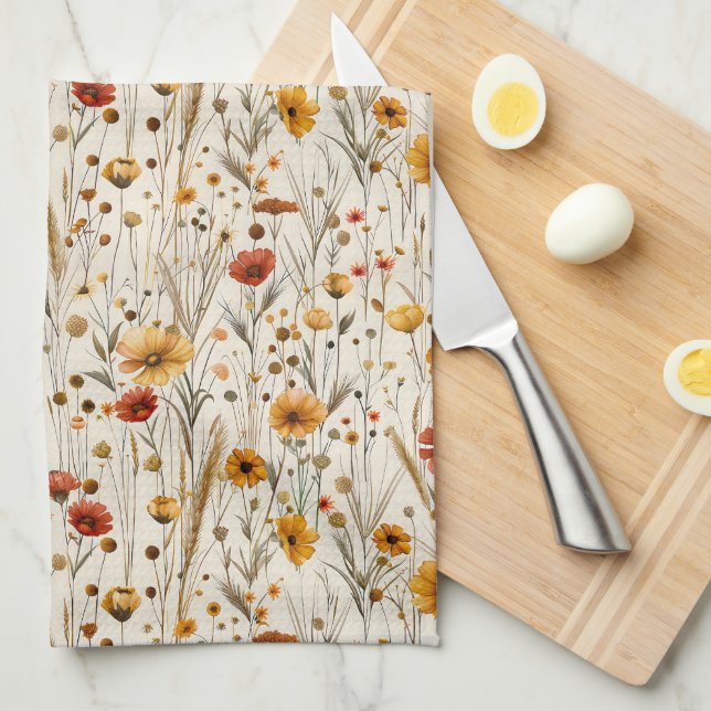 Rustikale Wildblumen - Boho Fall Floral Muster Geschirrtuch (Viertel Falte)