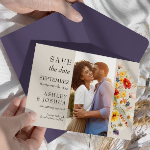 Rustikale Wildblumen-Hochzeit mit vertikaler Foto- Save The Date