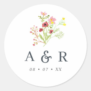 Rustikale Wildblumen Hochzeit Mongram Classic Roun Runder Aufkleber