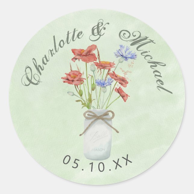 Rustikale Wildblumen in Weißballjar Hochzeit Runder Aufkleber (Vorderseite)