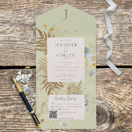 Rustikale Wildblumen Lt Green Monogram QR Code All In One Einladung