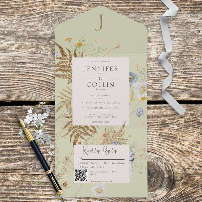 Rustikale Wildblumen Lt Green Monogram QR Code All In One Einladung (Von Creator hochgeladen)
