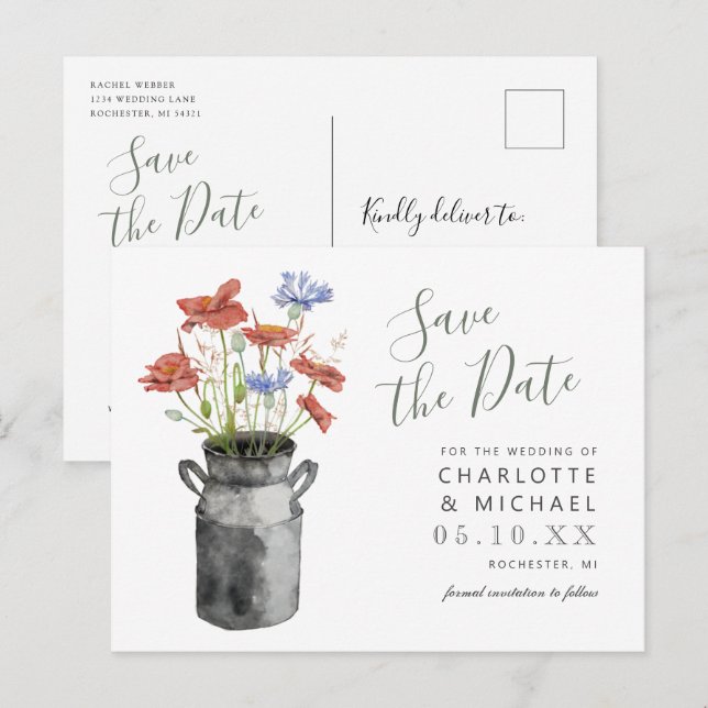 rustikale Wildblumen Milchbucket Save the Date Postkarte (Vorne/Hinten)