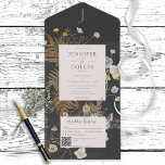 Rustikale Wildblumen Monogram QR Code All In One Einladung<br><div class="desc">MIT ODER OHNE QR-CODE ZUM AUSSCHLIESSEN. Dieses Design zeichnet sich durch ein zartes Feld und wilde Blume und Farne auf einem kohleschwarzen Hintergrund aus. Ein Monogramm vervollständigt das einfache, aber elegante Aussehen von all dem in einer Einladung. Fügen Sie Ihrer Einladung einen QR-Code-URL hinzu, damit Besucher schnell auf Ihre Hochzeitswebsite...</div>