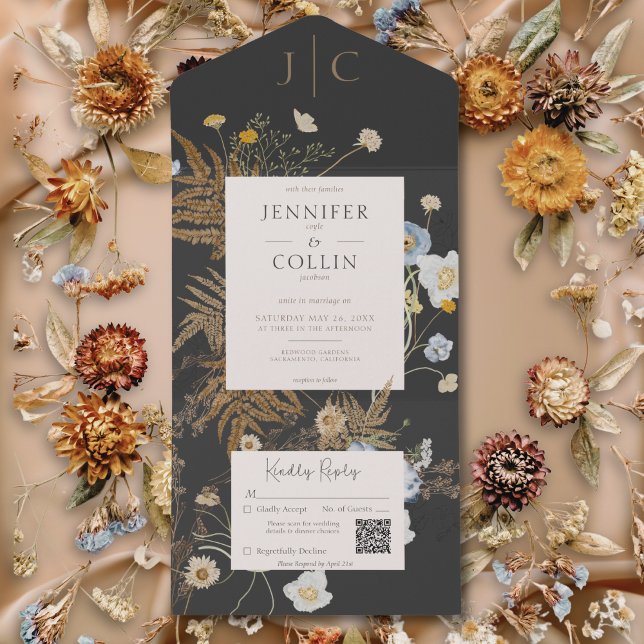 Rustikale Wildblumen Monogram QR Code All In One Einladung (Rustic Wildflowers Monogram Black QR Code All In One Invitation)
