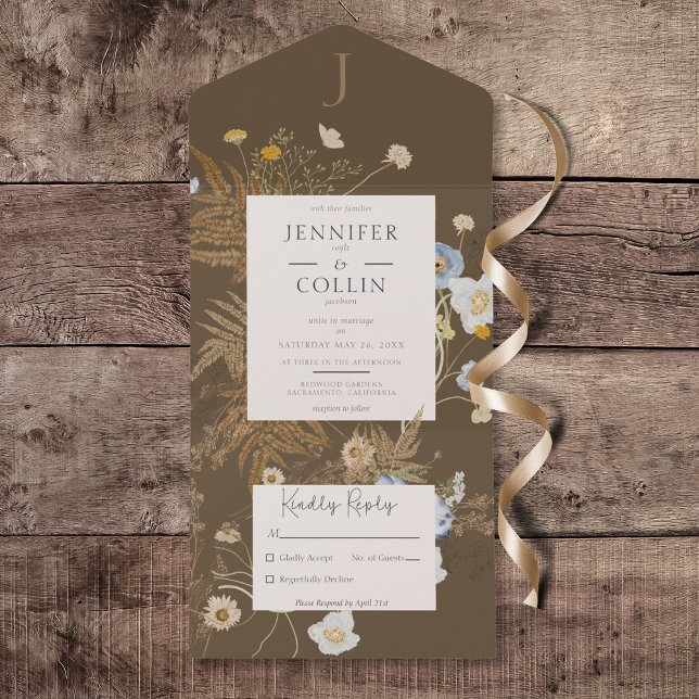 Rustikale Wildblumen Monogramm braun Kein Abendess All In One Einladung (Rustic Wildflowers Monogram Brown All in One Wedding Invitation without Dinner Options)