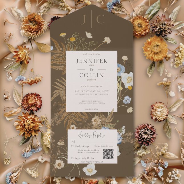Rustikale Wildblumen Monogramm braun QR-Code All In One Einladung (Rustic Wildflowers Monogram Brown QR Code All In One Invitation)