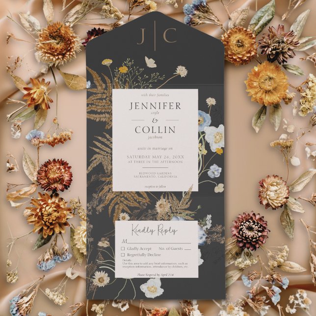Rustikale Wildblumen Monogramm Schwarz Kein Abende All In One Einladung (Rustic Wildflowers Monogram Black No Dinner All In One Invitation)
