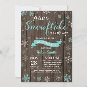 Rustikale Winter-Baby-Party Aqua-Weiß-Schneeflocke Einladung