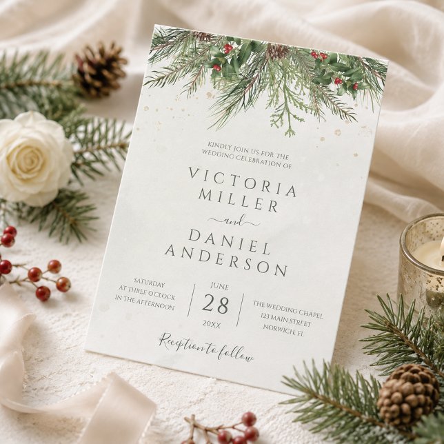 Rustikale Winter Berries Pine Cone Grüne Hochzeit Einladung (Von Creator hochgeladen)
